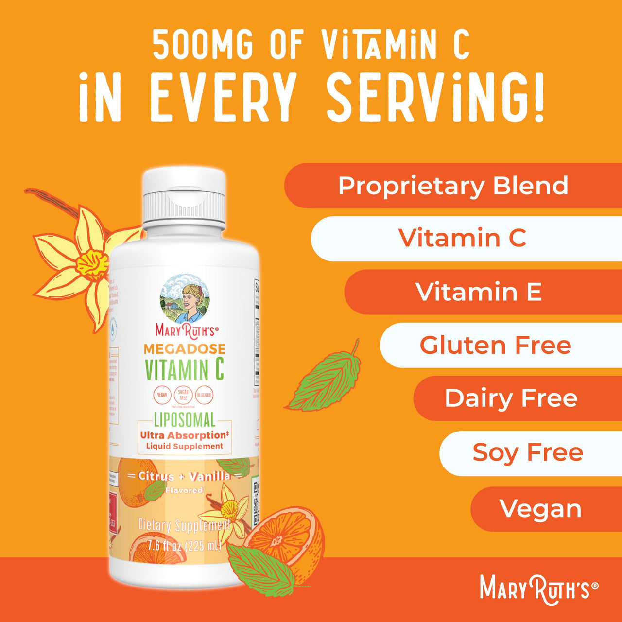 MaryRuth's Megadose Liquid Vitamin C Liposomal | 500 mg Per Serving | Ultra Absorption | Immunity | Antioxidant Support | Collagen Formation | Vegan | Gluten Free | Sugar Free | 7.6 Oz | 30 Servings