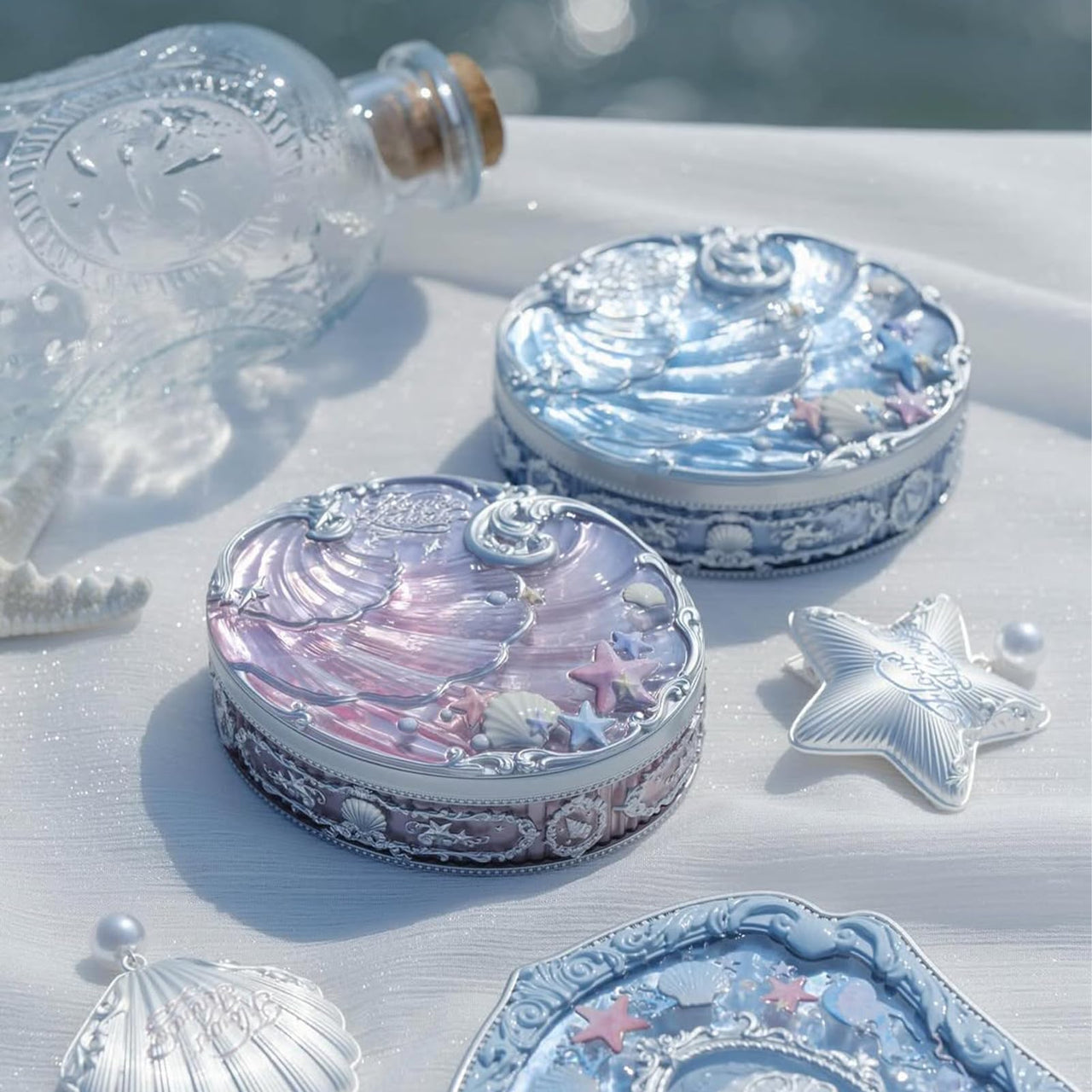 Flower Knows Shell's Jewel Collection Baked Powder,Makeup & Setting Pressed Powder Compact with Mirror and Puff,Smooth Translucent Oil-Control Pore Blurring,0.32 Oz(01 Cloudy Blue)