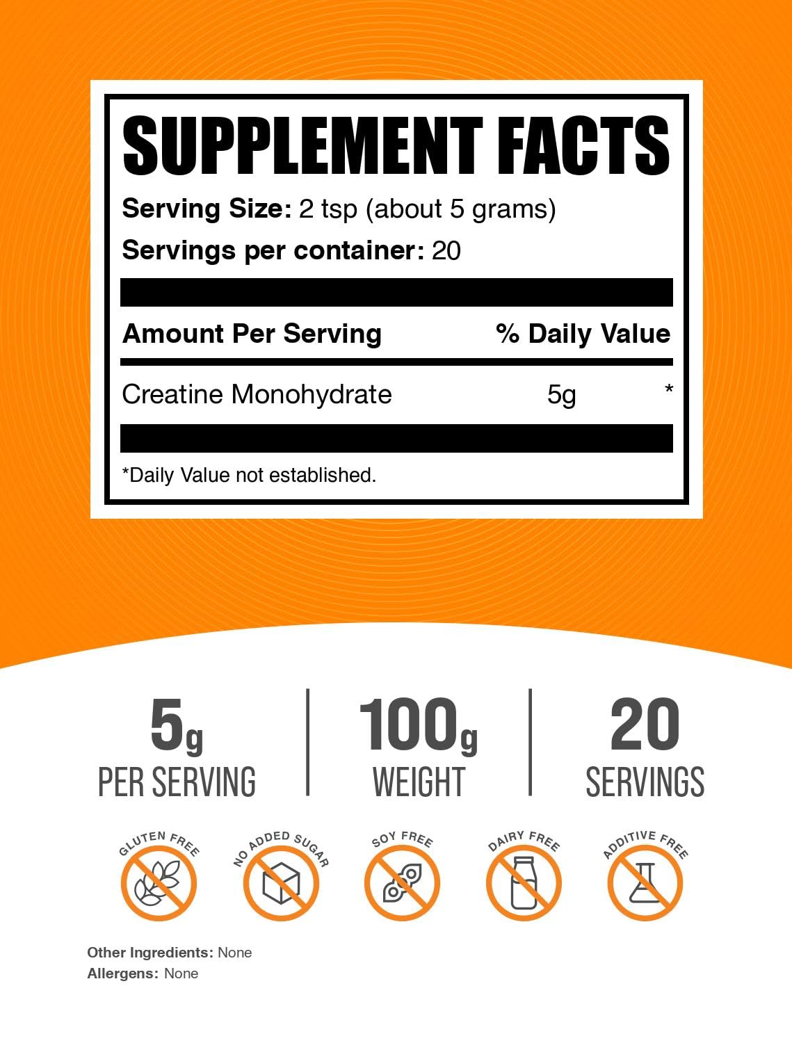 BulkSupplements.com Creatine Monohydrate Powder - Micronized Creatine Powder, Unflavored - Pure & Gluten Free, 5g (5000mg) per Servings, 100g (3.5 oz) (Pack of 1)
