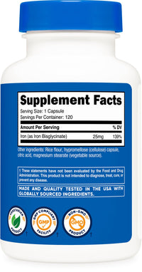 Thumbnail for Nutricost Iron Bisglycinate Supplement (25mg) 120 Capsules - from Ferrous Bisglycinate Chelate - Non-GMO & Gluten-Free