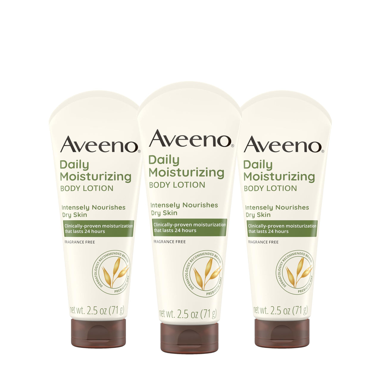 Aveeno Daily Moisturizing Body Lotion, Gentle Lotion Nourishes Dry Skin with Moisture, Sooth-ing Prebiotic Oat, Fragrance-Free, Non-Comedogenic, Travel-Size, 2.5 fl. oz, 3 Pack