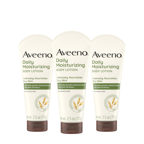 Aveeno Daily Moisturizing Body Lotion, Gentle Lotion Nourishes Dry Skin with Moisture, Sooth-ing Prebiotic Oat, Fragrance-Free, Non-Comedogenic, Travel-Size, 2.5 fl. oz, 3 Pack