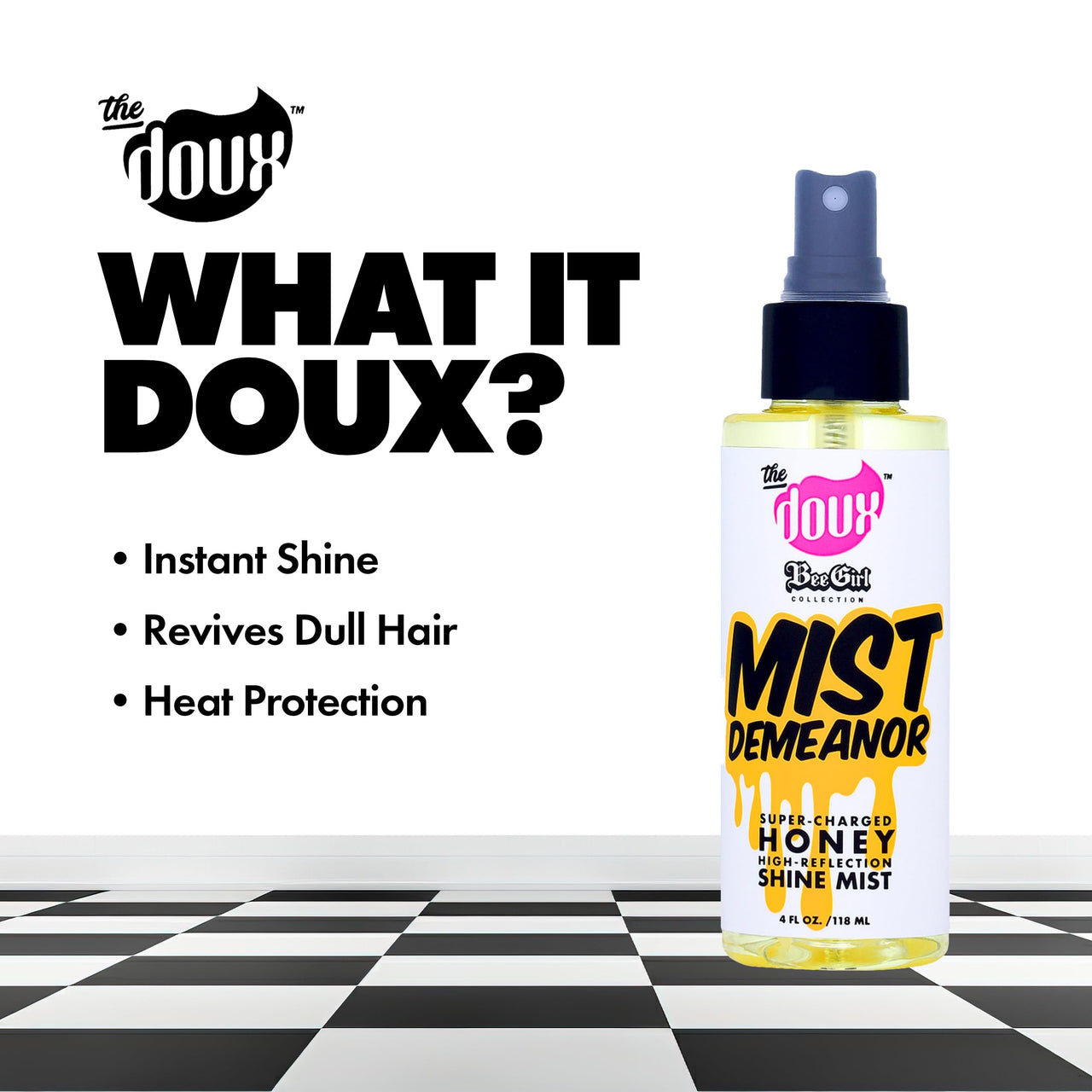 The Doux MIST DEMEANOR Shine Mist for Curly Hair – Heat Protection Spray with Cationic Honey & Silk Amino Acids – Lightweight Hair Gloss for Frizz Control, Humidity Resistance & Shine