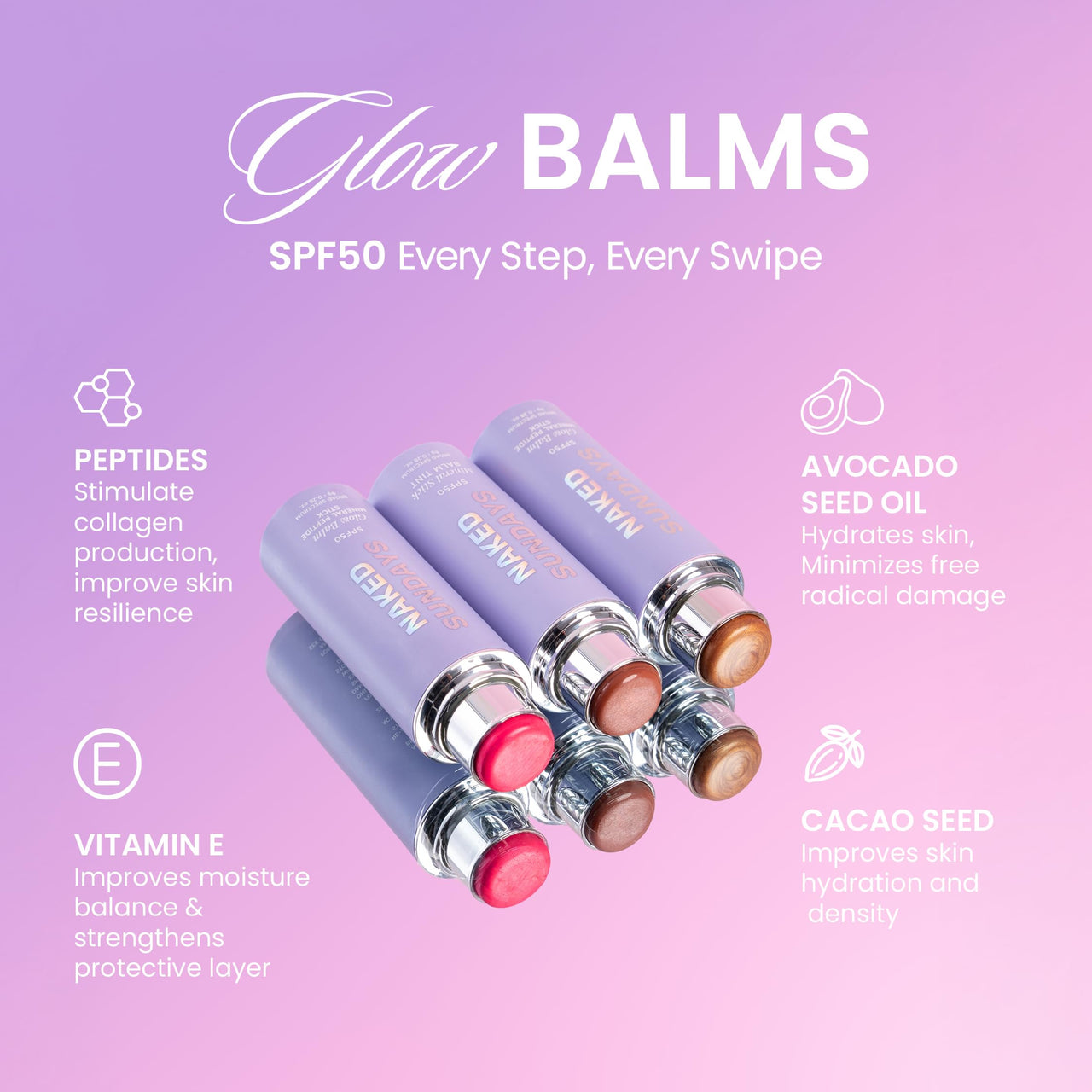 Naked Sundays SPF 50 Glow Balm Peptide-Infused Multi-Tasking Blush Stick for Cheeks, Lips & Eyes – Broad Spectrum Sunscreen with Zinc Oxide – 8g (Pink Pop)