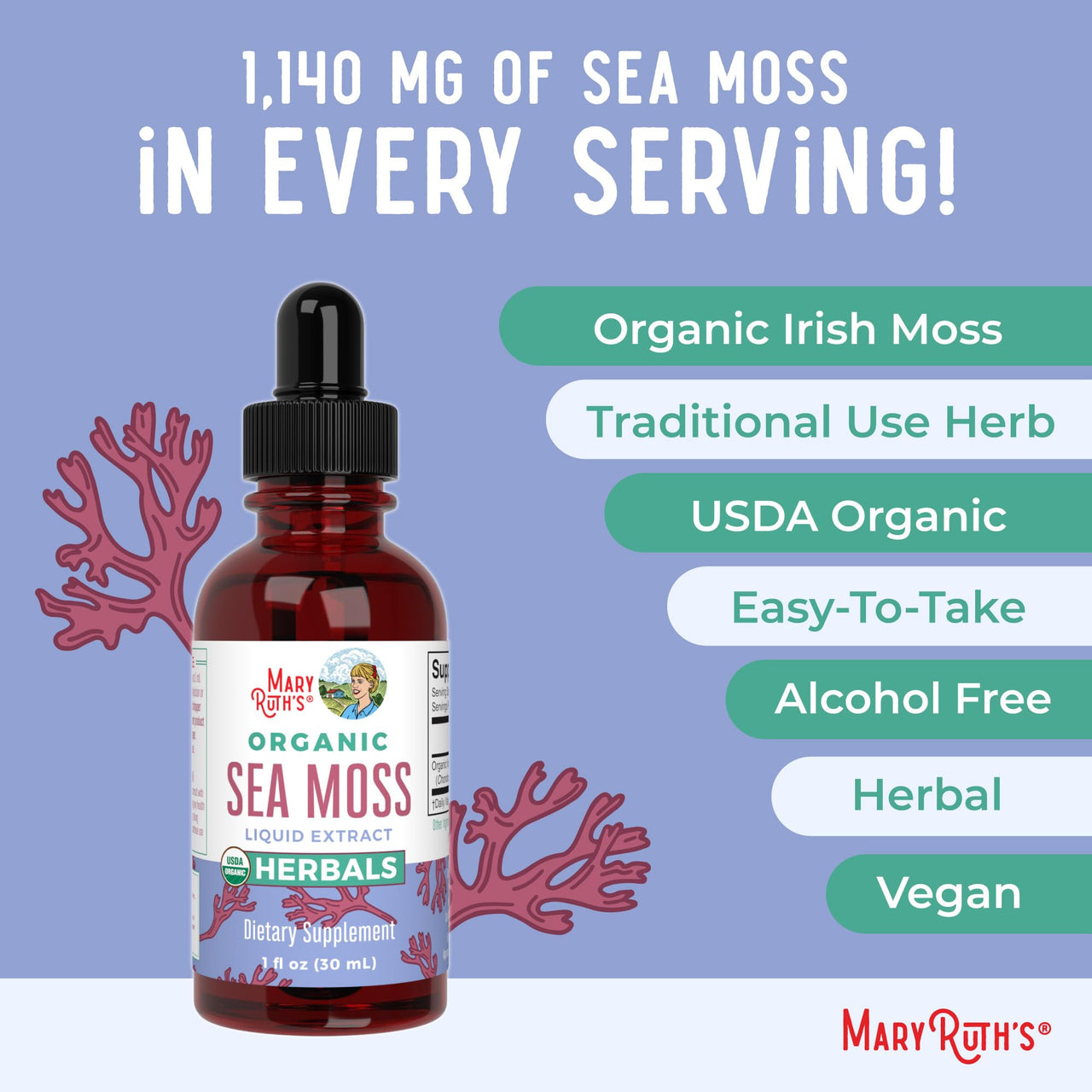 MaryRuth Organics Irish Sea Moss Liquid Drops | Chondrus Crispus | Wild Harvested | Organic Irish Moss Formulated for Adults & Kids Ages 14+ | Unflavored | Sugar Free | Vegan | Non-GMO | 1 Fl Oz