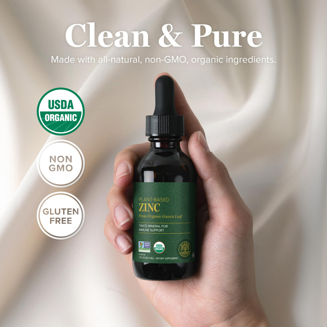 Global Healing USDA Organic Zinc Supplements Liquid - Pure Vitamin Drops for Immune System Boost, Hormone Balance, and Healthy Aging - Natural, Vegan-Friendly, Non-GMO, Organic Zinc Vitamins (2 Fl Oz)