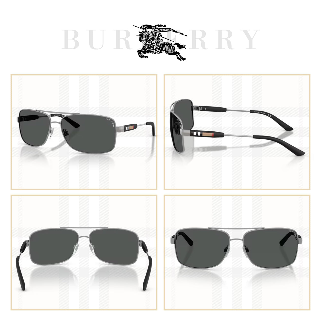BURBERRY BE3074 100387 63M Gunmetal/Grey Rectangle Sunglasses For Men+ BUNDLE with Designer iWear Eyewear Kit