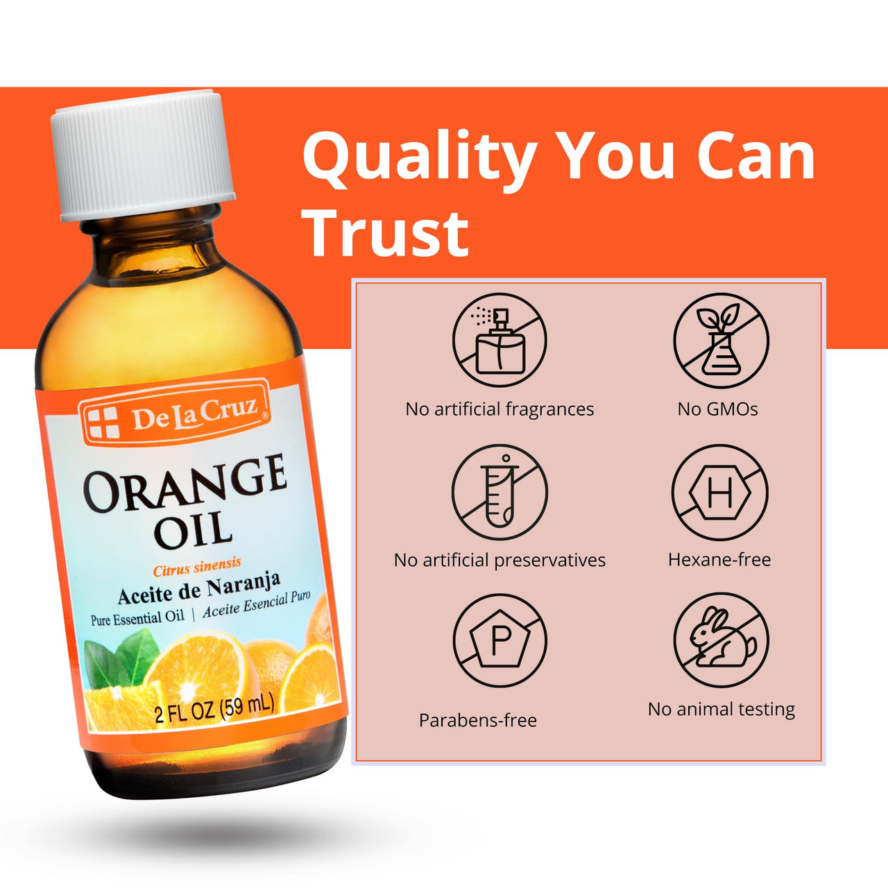 De La Cruz Pure Orange Oil - 100% Pure Cold Pressed Orange Essential Oil for Diffuser - 2 Fl OZ (1 Bottle)