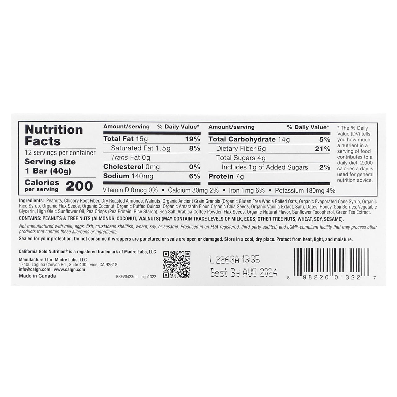 California Gold Nutrition Foods, Mocha Nut Chewy Granola Bars, 12 Bars, 1.4 oz (40 g) Each