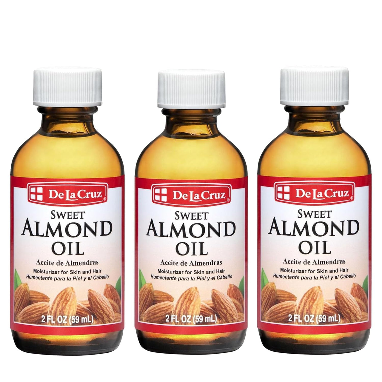 De La Cruz Sweet Almond Oil, Natural Hair and Skin Moisturizer, 3-Pack of 2 FL Oz Glass Bottles