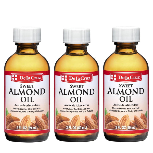 De La Cruz Sweet Almond Oil, Natural Hair and Skin Moisturizer, 3-Pack of 2 FL Oz Glass Bottles