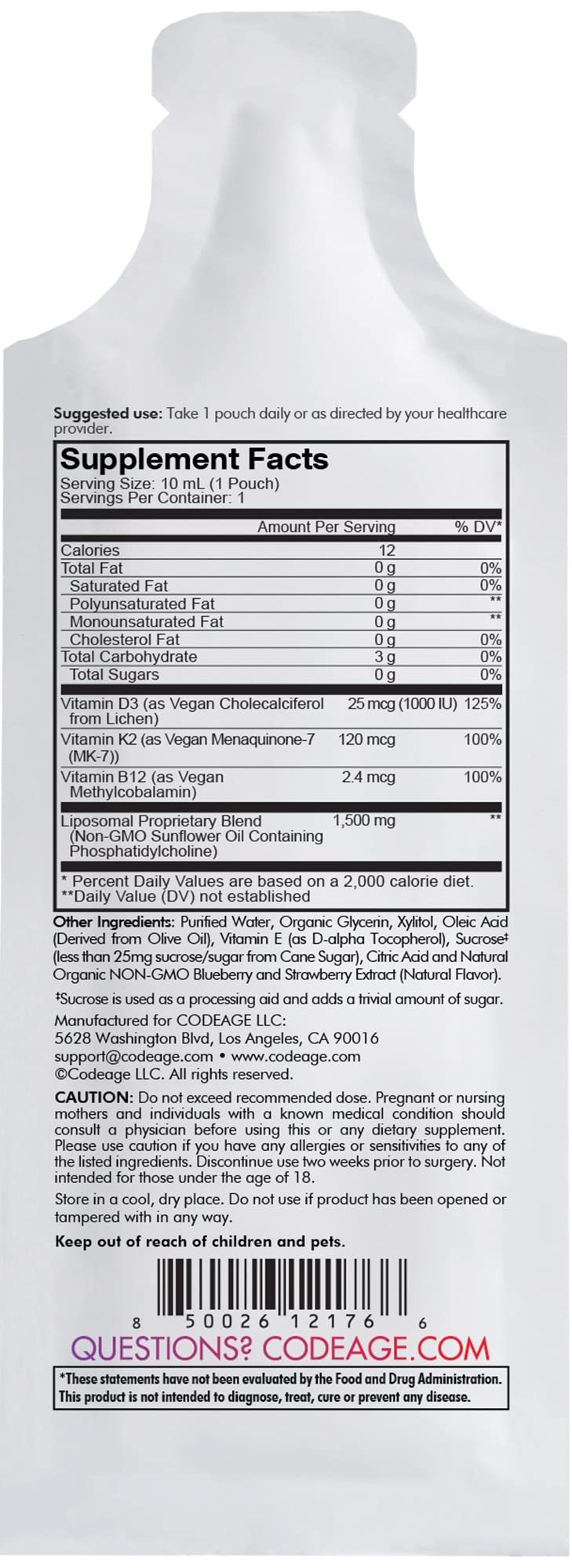 Codeage Liposomal Vitamin D3 Liquid Supplement Sachet, Wonder-D Cholecalciferol Vegan Liquid Multivitamin, Plant-Based Vitamins K2 B12, Non-GMO Phospholipids, Vitamin E, Berry Flavor - 30 Pouches