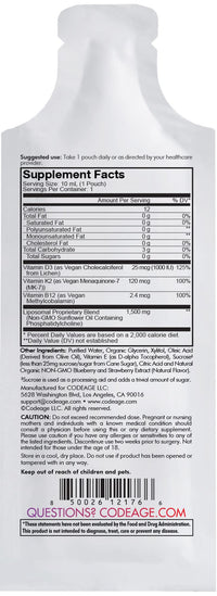 Thumbnail for Codeage Liposomal Vitamin D3 Liquid Supplement Sachet, Wonder-D Cholecalciferol Vegan Liquid Multivitamin, Plant-Based Vitamins K2 B12, Non-GMO Phospholipids, Vitamin E, Berry Flavor - 30 Pouches