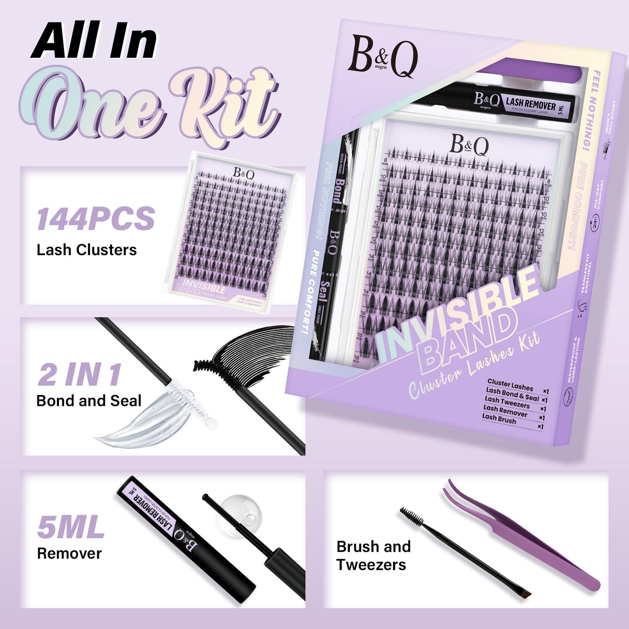 B&Q Fairy Lash Clusters Kit - DIY Lash Extension Kit at Home Beginner-Friendly Manga Lashes, 144pcs 8-18mm Wispy Clusters with 0.3mm Invisible Band & Waterproof, Salon Look for Daily Work & Parties