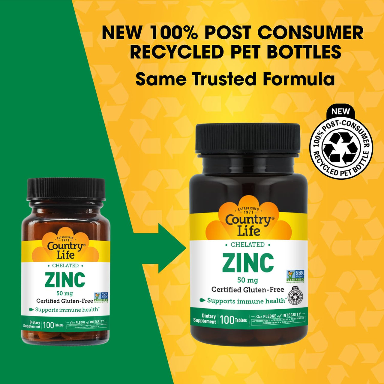 Country Life Chelated Zinc 50 mg - Certified Gluten-Free & Vegan Immune Support Supplement, Enhances Zinc Absorption, Supports Body’s Protein Production & Cellular Health, 100 Vegetarian Tablets