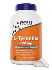 Thumbnail for Now Foods L-Tyrosine 500mg, 300 Capsules - Non GMO - Supports Mental Alertness - 500 mg Caps - Free Form Supplement