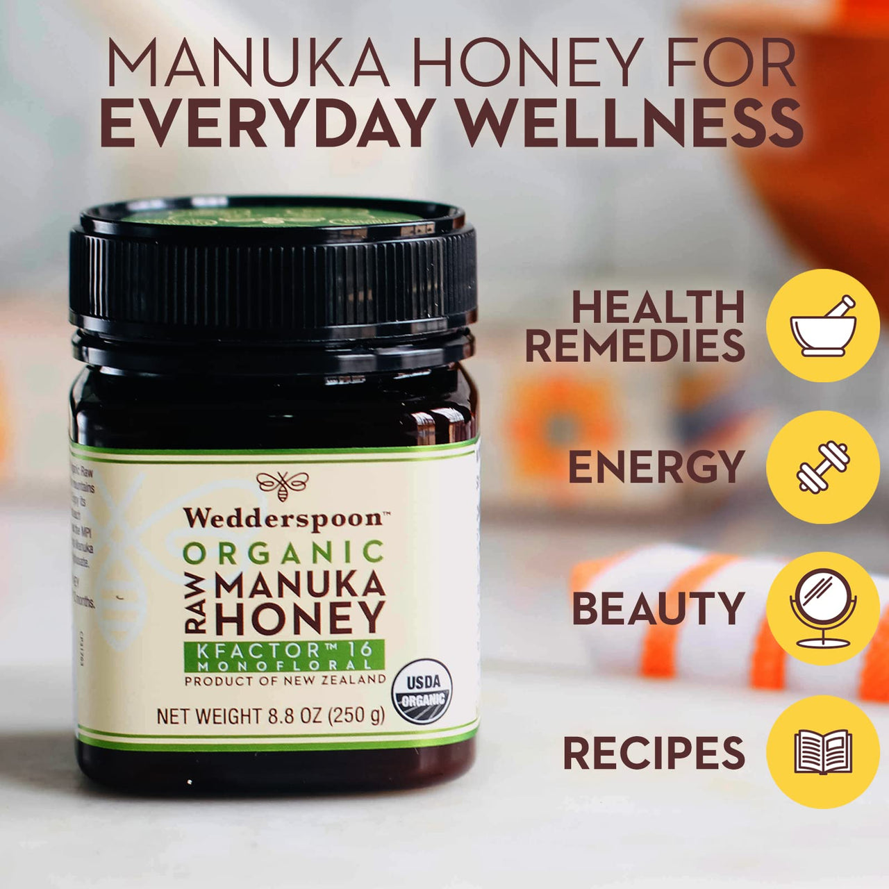 Wedderspoon Organic Raw Manuka Honey 150+ MGO, 8.8 Oz, Unpasteurized New Zealand Honey, Non-GMO, BPA-Free Jar, Superfood & Natural Wellness Support