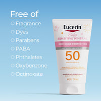 Thumbnail for Eucerin Sun Sensitive Mineral Baby Sunscreen Lotion SPF 50 with Zinc Oxide Protection, Hypoallergenic Mineral Sunscreen for Babies, Tear Free and Fragrance Free, 4 Fl Oz Tube