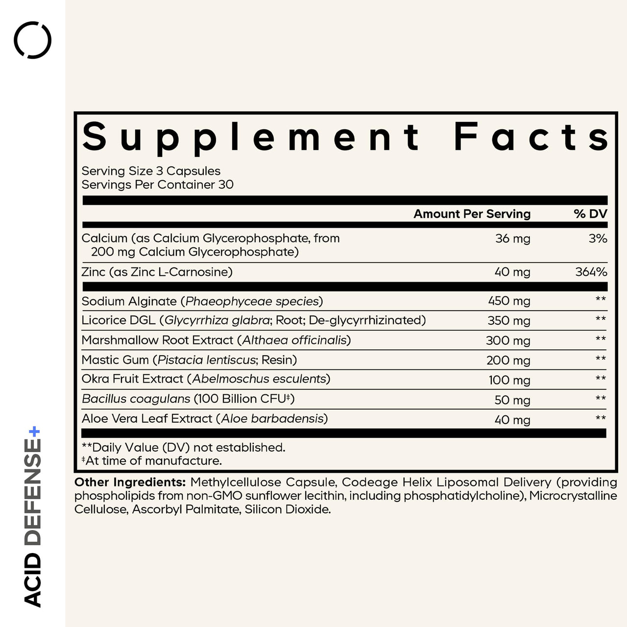 Codeage Acid Defense+ Supplement - Marshmallow Root, DGL Licorice, Aloe Vera, Probiotics, Alginic Acid, Zinc-L-Carnosine, Mastic Gum, Okra Fruit - Digestion Support - Non-GMO - 90 Capsules