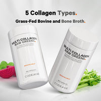 Thumbnail for Codeage Multi Collagen Protein + Organic Raw Greens Superfood Capsules Supplement, 21 Fruits & Veggies, Grass-Fed Hydrolyzed Collagen Peptides, 5 Types All-in-One, 180 Count
