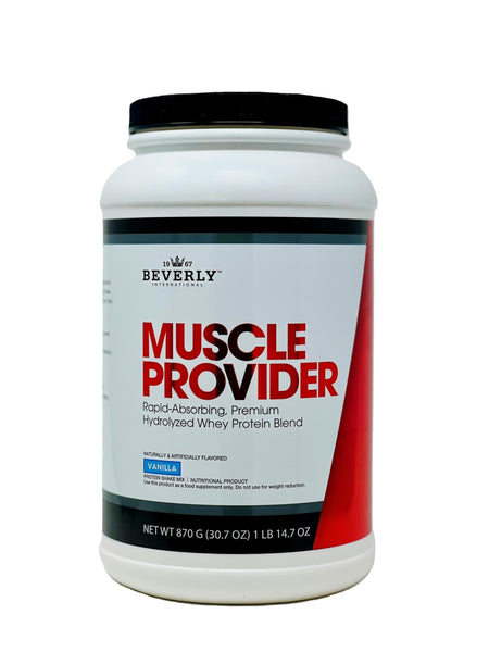 Beverly International Muscle Provider, 28 Servings, Vanilla. Super-Fast-Absorbing Whey Protein Powder for Recovery, Lean Muscle. Fills Your Muscles, not Your Stomach. Tastes Like Ice Cream