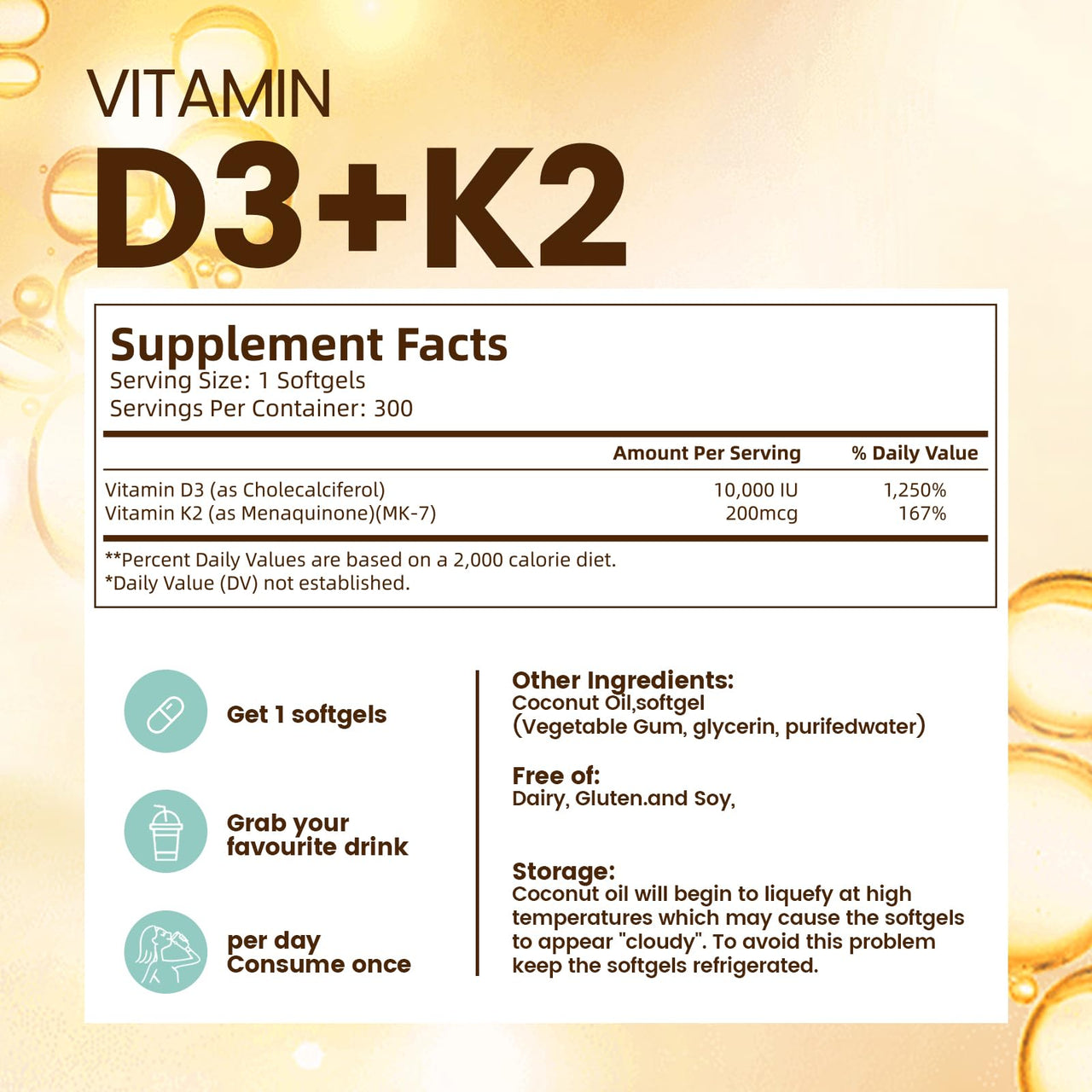 Vitamin D3 10000 iu Plus K2 (MK-7) 200 mcg, 300 Coconut Oil Softgels| 2 in 1 VIT D & K Complex | Supports Calcium Absorption, Bone, Immune, & Heart Health – Easy to Swallow (300 Softgels /1 Bag)