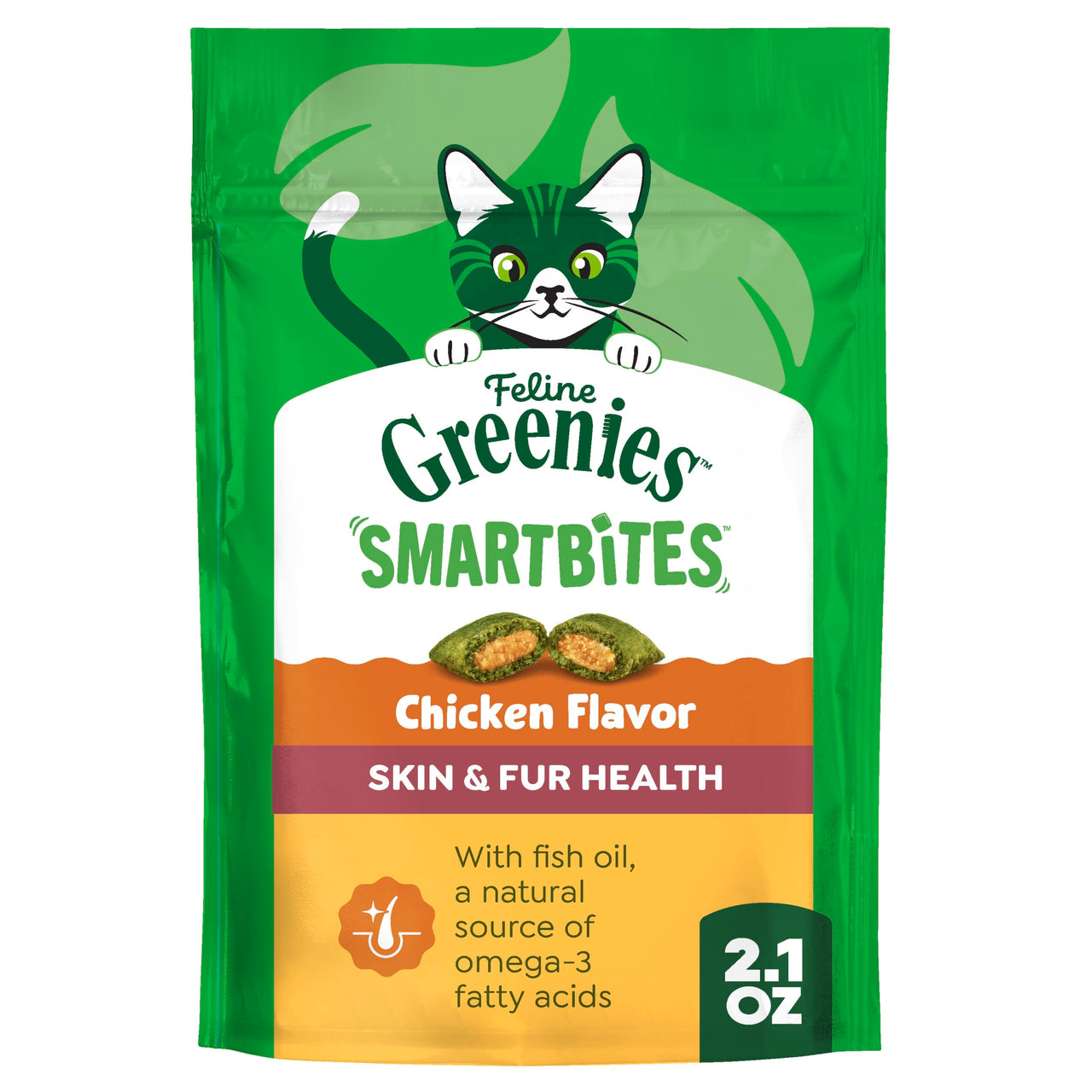 Greenies Cat Treats, Feline Smartbites, Skin & Fur Health, Crunchy and Soft Cat Treats, Chicken Flavor, 2.1 oz. Pack