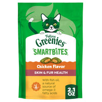 Thumbnail for Greenies Cat Treats, Feline Smartbites, Skin & Fur Health, Crunchy and Soft Cat Treats, Chicken Flavor, 2.1 oz. Pack