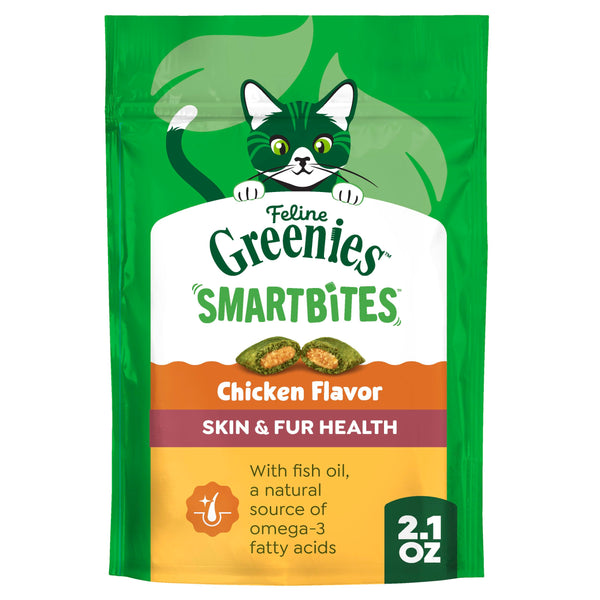 Greenies Cat Treats, Feline Smartbites, Skin & Fur Health, Crunchy and Soft Cat Treats, Chicken Flavor, 2.1 oz. Pack