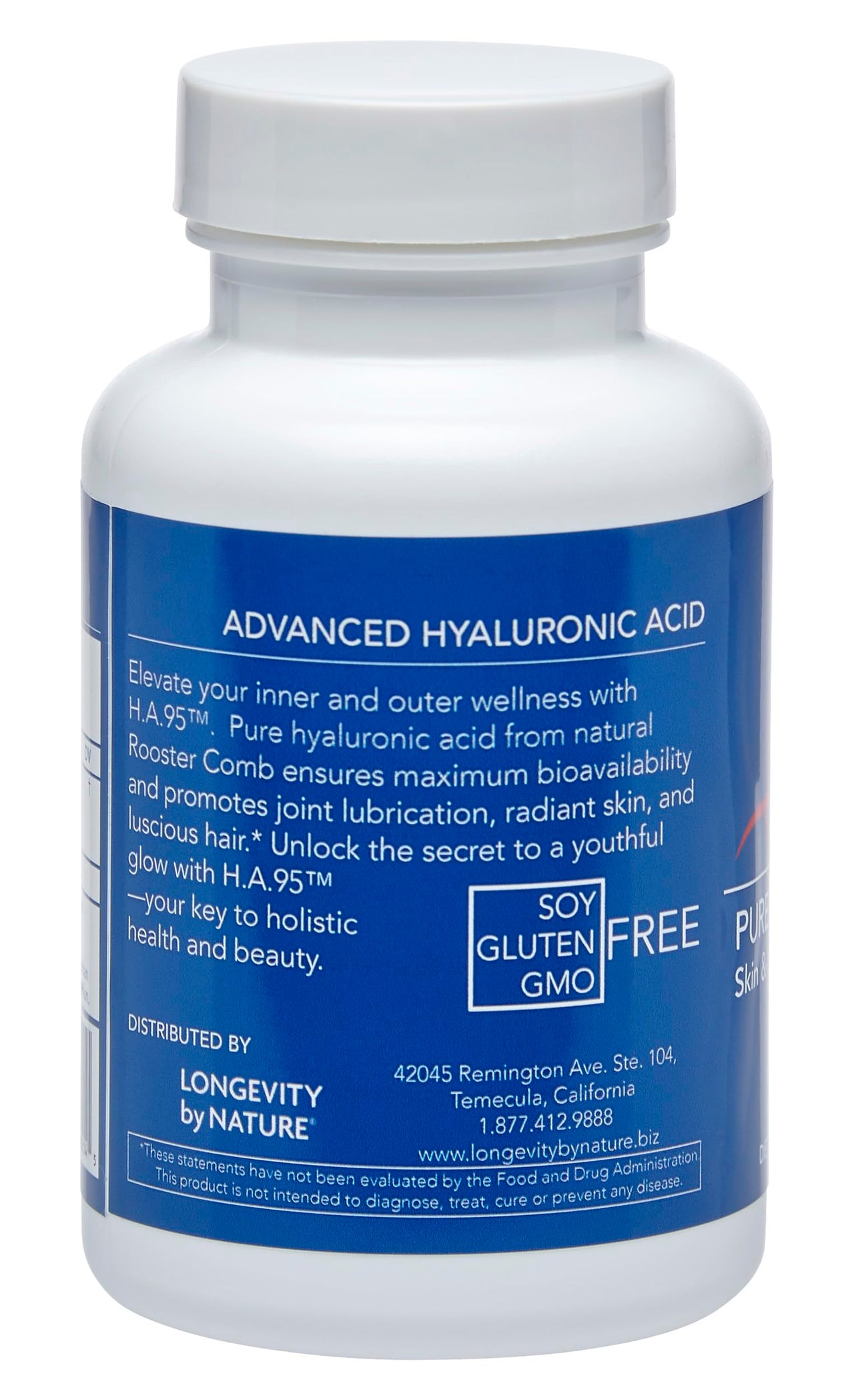 Longevity by Nature H.A.95 Hyaluronic Acid Supplements, Antioxidant, Skin Hydration, Eye, Joint, Natural Rooster Comb, 60 Capsules
