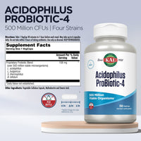 Thumbnail for KAL Acidophilus ProBiotic-4, 500 Million CFUs, Four Probiotic Strains, Probiotics for Women and Men, Freeze Dried, L. acidophilus, L. bulgaricus, S. thermophilus, B. bifidum, 250 Servings, 250 VegCaps