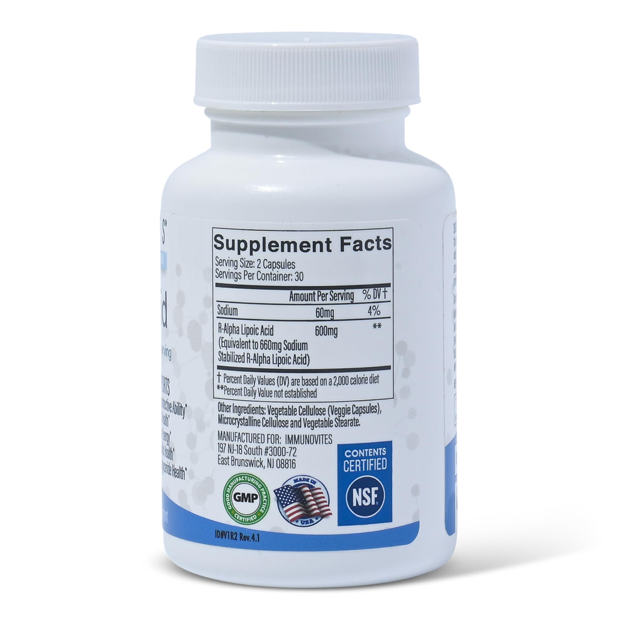 IMMUNOVITES Stabilized R-Alpha Lipoic Acid ((True)) 600mg per Serving [[High Potency & up to 40x Increased Absorption]] (Na R-ALA) (Na R-LA) (Na R-Lipoate) (1 Bottle)