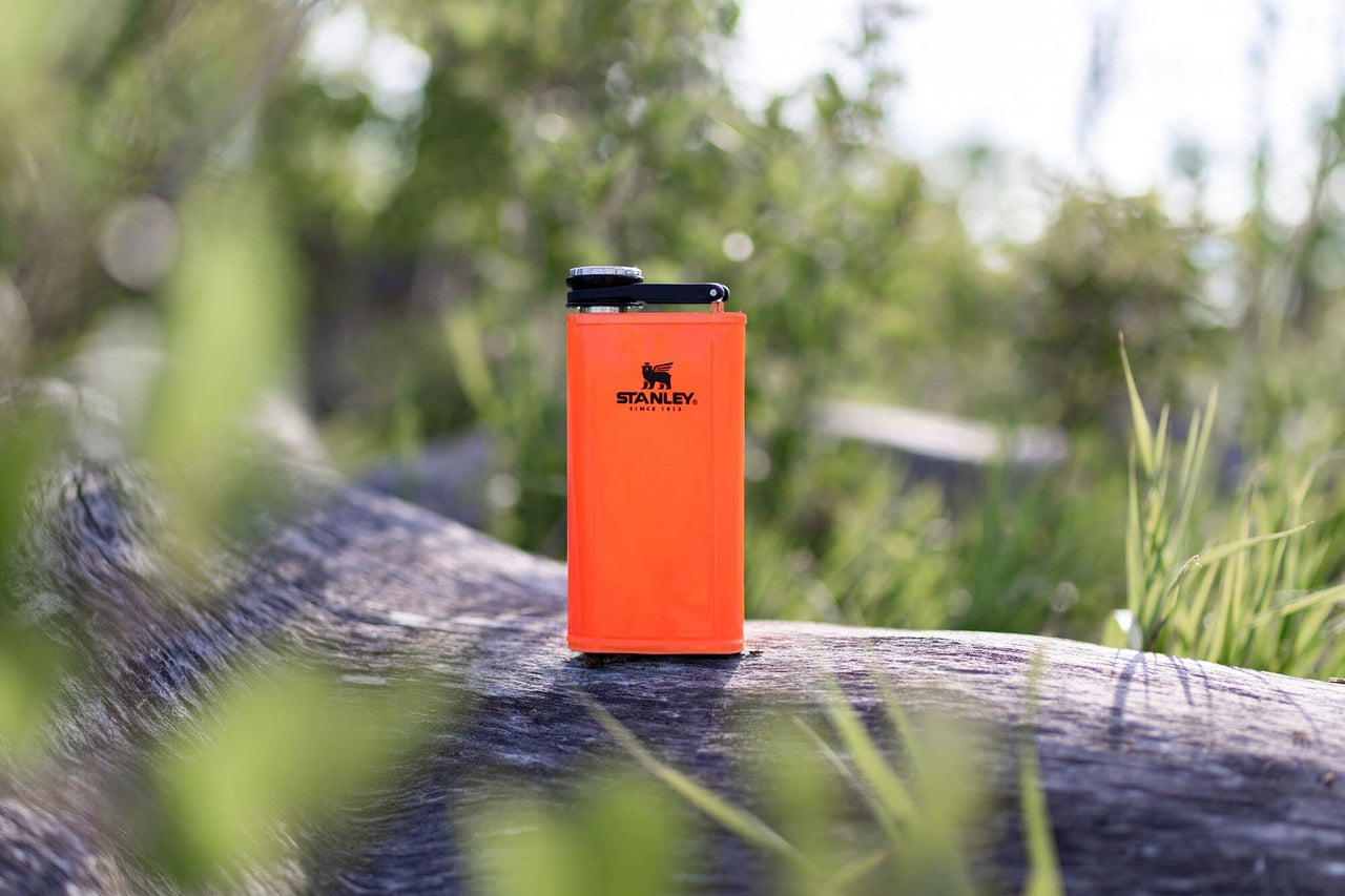 Stanley Classic Easy Fill Wide Mouth Flask 8 oz | Leakproof Hip Flask | Hinge Connected Never Lose Cap | Insulated Stainless Steel Liquor Container | BPA-Free | Blaze Orange