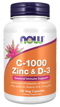 Thumbnail for Now Supplements, C-1000 Zinc & D-3, Seasonal Immune Support*, 100 Veg Capsules