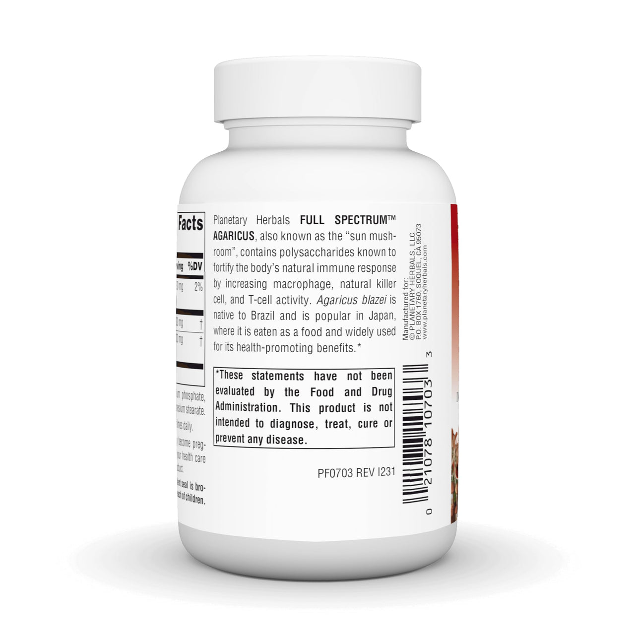 Planetary Herbals Agaricus Full Spectrum 500mg, Immune & Natural Killer Cell Activator, 90 Capsules