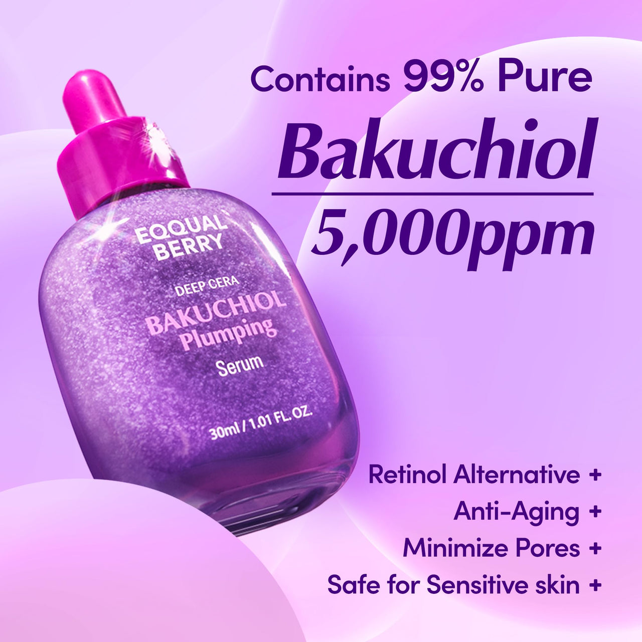 EQQUALBERRY Bakuchiol Plumping Serum â€“ Pore and Wrinkle Minimizer | Retinol Alternative for Sensitive Skin | Enhances Firmness and Elasticity with Ceramide, 1.01oz / 30ml