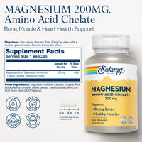 Thumbnail for Solaray Magnesium Amino Acid Chelate 200 mg, Chelated Magnesium Supplement for Bone Health, Heart Health and Muscle Function Support, Vegan, 60-Day Money Back Guarantee, 100 Servings, 100 VegCaps