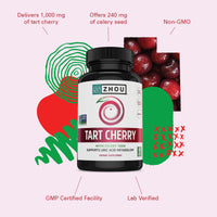 Thumbnail for Zhou Tart Cherry Extract Plus Celery Seed - Tart Cherry Capsules for Men & Women, Muscle Recovery and Uric Acid Metabolism Support - 1000 mg Per Pill - 30 Servings, 60 Veggie Capsules (Pack of 1)