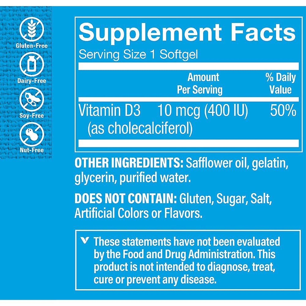 The Vitamin Shoppe Vitamin D3 400IU - Bone Immune & Cellular Health | Cholecalciferol Softgels | 200 Softgels | Gluten-Free