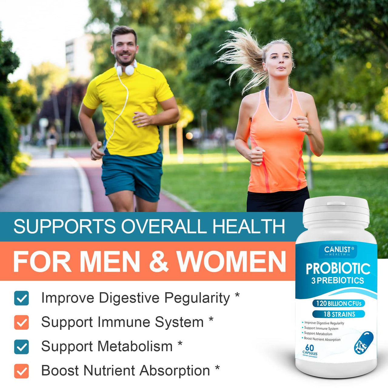 CANLIST Probiotics 120 Billion CFUs 18 Strains, 3 Prebiotics & Digestive Enzymes for Men Women,Digestive & Immune Support,Shelf Stable Non-GMO 60 Capsules