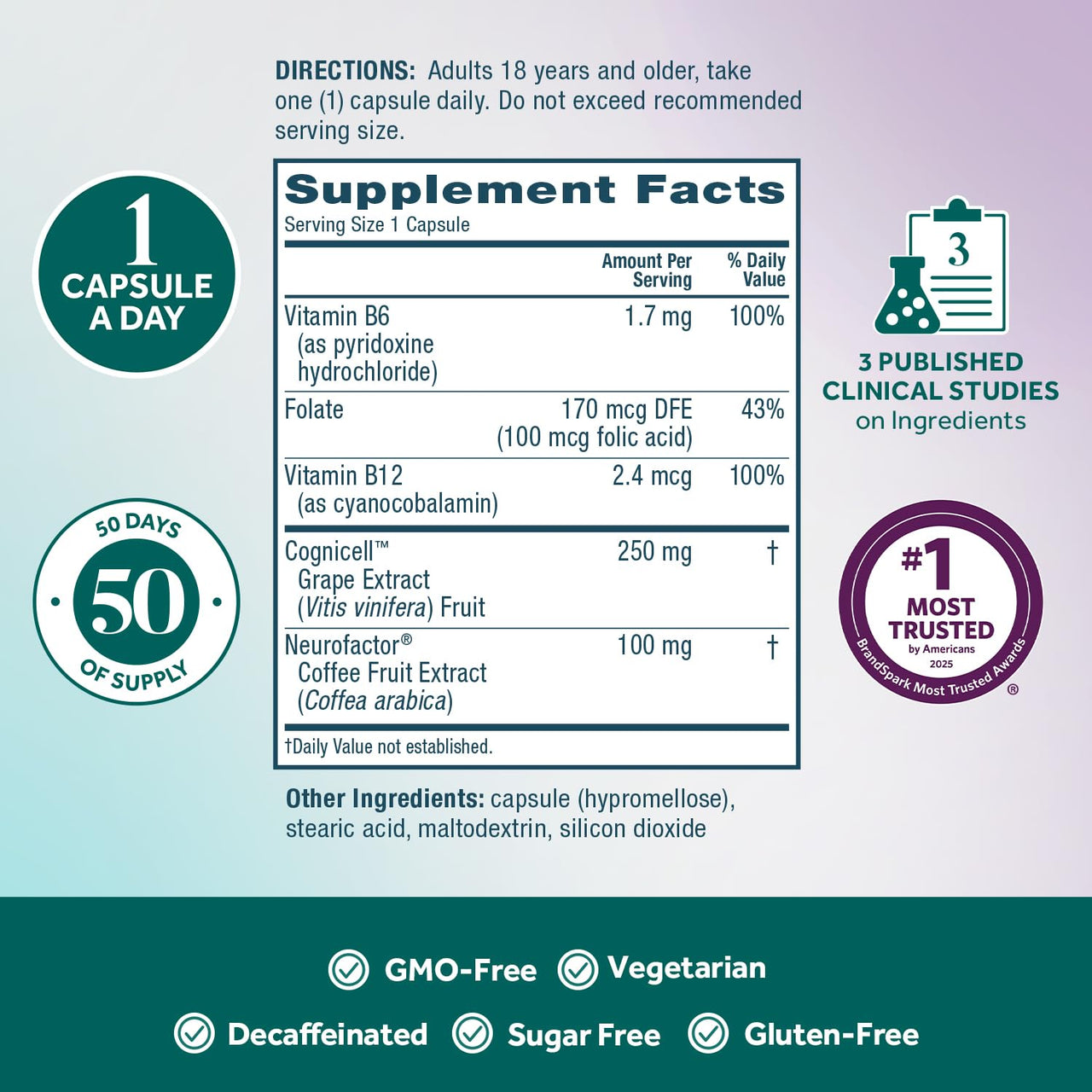 NEURIVA Memory 3D Brain Supplement - Decaffeinated Nootropic Capsules for Memory, Focus, & Cognitive Function - Short Term, Long Term, & Working Memory Support - 50ct