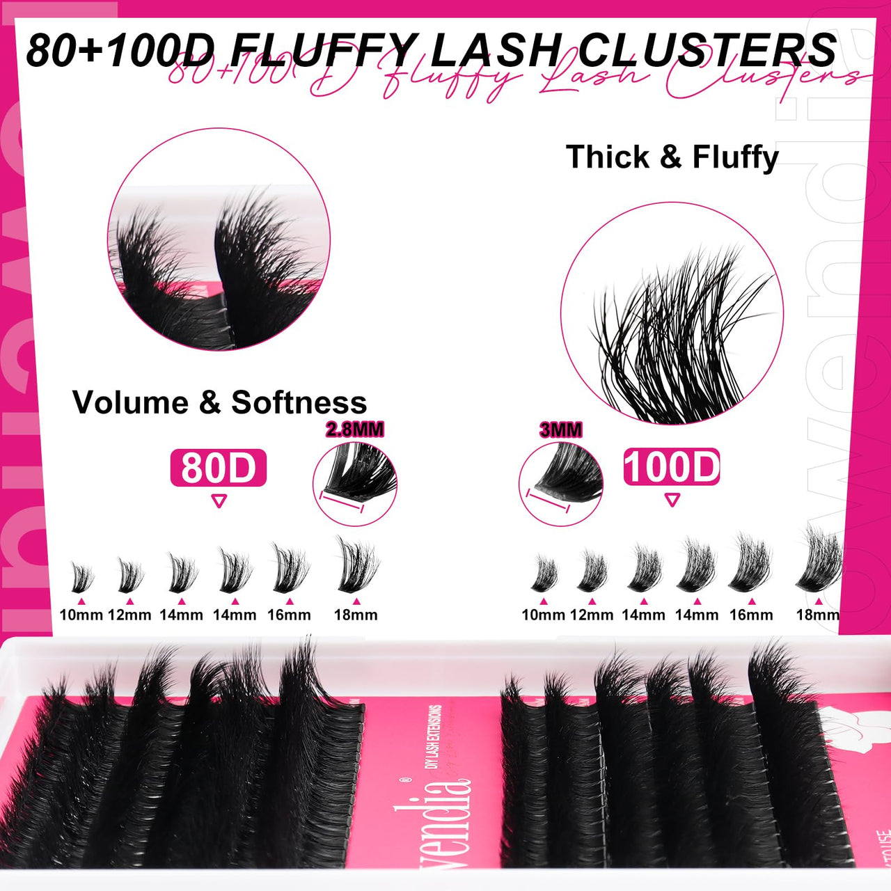 Fowendia Lash Clusters Kit Fluff 80D 100D Individual Lashes D Curl Cluster Eyelash Extensions 10-18mm DIY Lash Extension Kit Lash Bond and Seal Waterproof, Lash Applicator, Thick False Eyelashes Kit