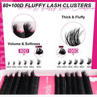 Thumbnail for Fowendia Lash Clusters Kit Fluff 80D 100D Individual Lashes D Curl Cluster Eyelash Extensions 10-18mm DIY Lash Extension Kit Lash Bond and Seal Waterproof, Lash Applicator, Thick False Eyelashes Kit