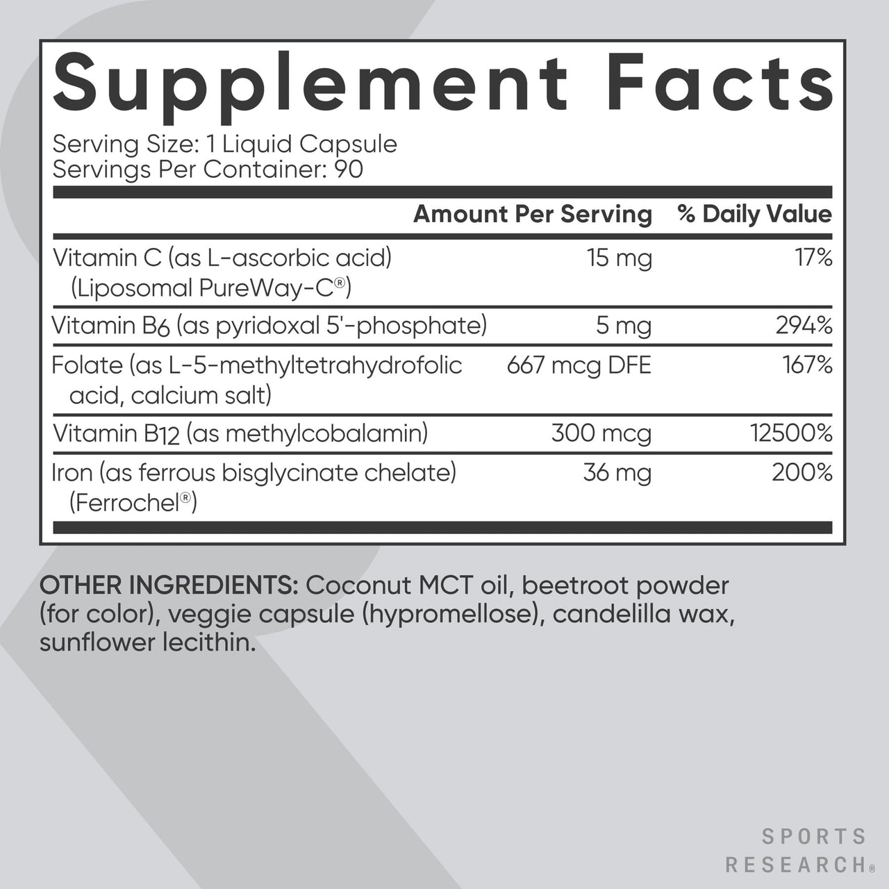 Sports Research® Blood Balance Iron Supplement - 36 MG Iron + Folate & Vitamin C for Absorption - Red Blood Cell Support for Women & Men* - Vegan Certified · Non-GMO · Gluten-Free - 90 Capsules