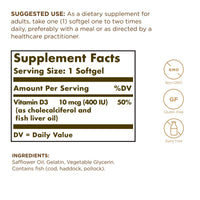 Thumbnail for Solgar Vitamin D3 (Cholecalciferol) 10 mcg (400 IU) - 250 Softgels - Helps Maintain Healthy Bones & Teeth - Immune System Support - Non-GMO, Gluten Free, Dairy Free - 250 Servings