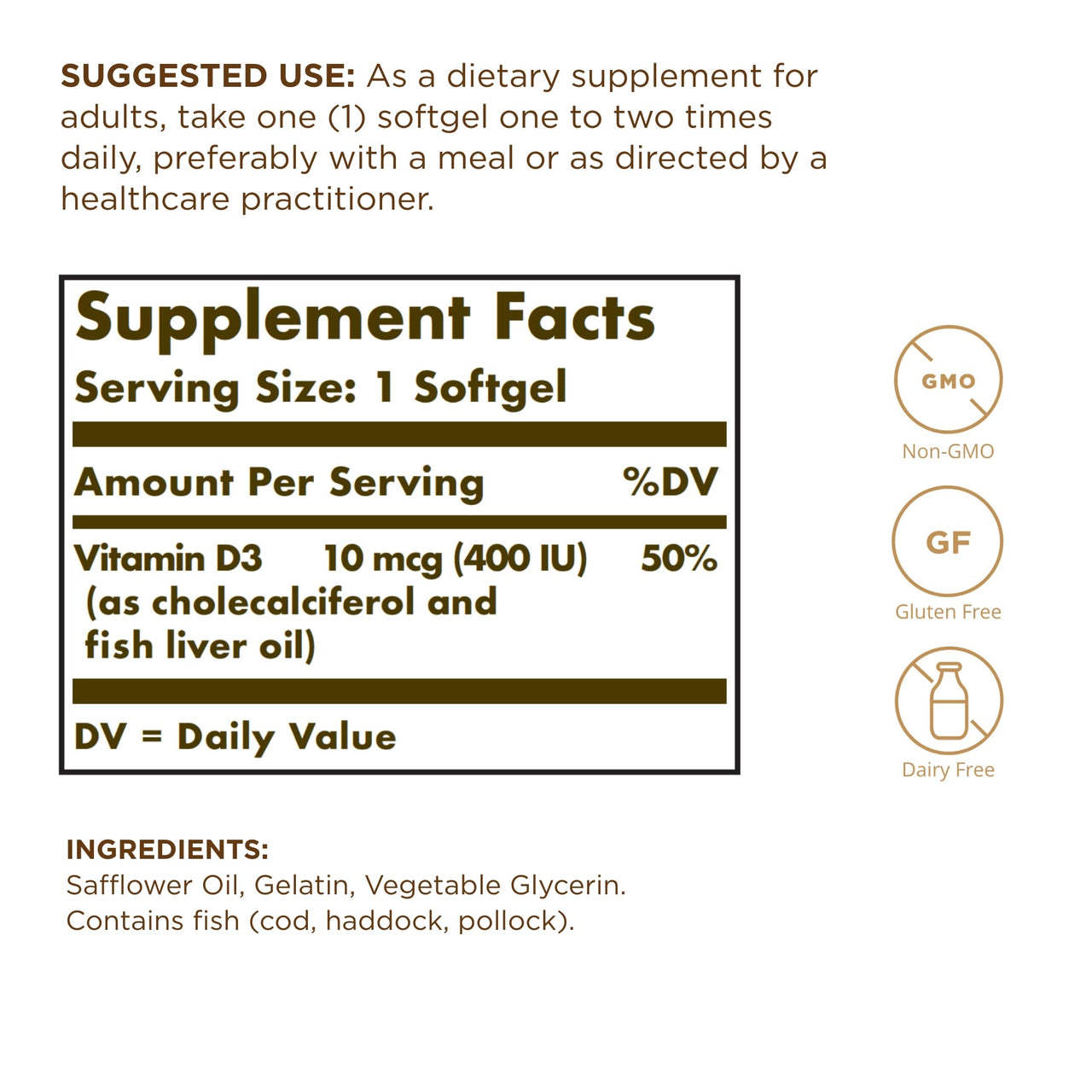 Solgar Vitamin D3 (Cholecalciferol) 10 MCG (400 IU), 100 Softgels - Helps Maintain Bones & Teeth - Immune System Support - Non-GMO, Gluten Free, Dairy Free - 100 Servings