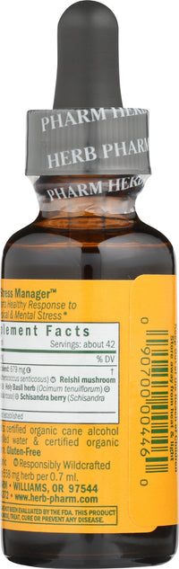 Thumbnail for Herb Pharm Stress Manager: Adaptogenic Stress Support Tincture, Rhodiola Rosea, Holy Basil Extract, Reishi Mushroom Extract, Adrenal Function Support, Vegan, Non-GMO, 1 Oz - Packaging May Vary