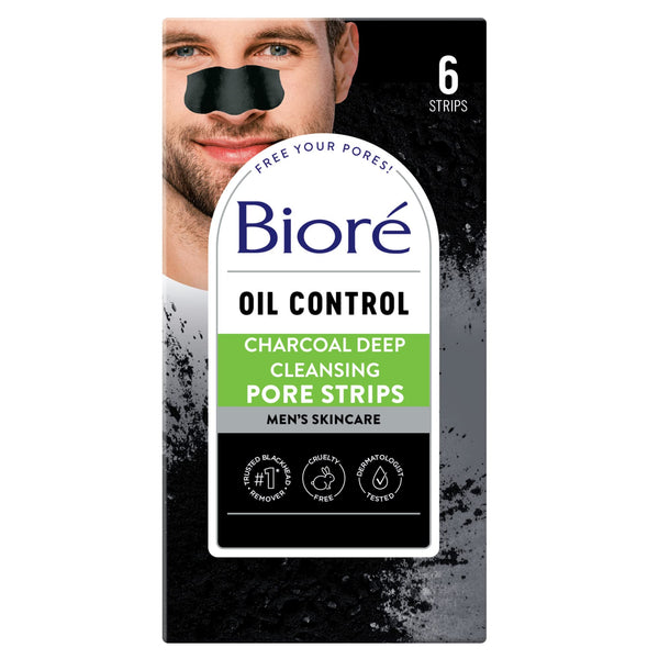 Biore Men's Blackhead Remover Pore Strips, Charcoal Deep Cleansing Nose Strips for Blackhead Removal, Oily Skin, 6 Count