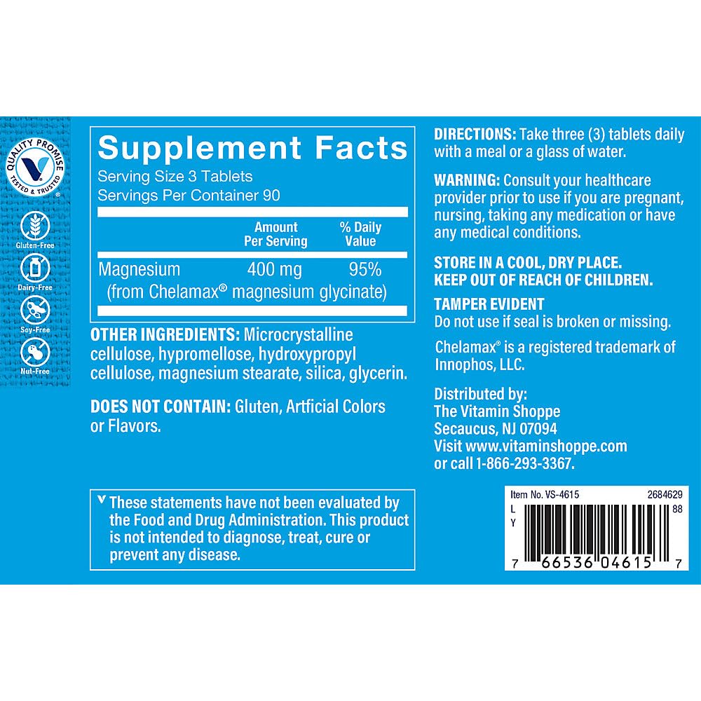 The Vitamin Shoppe Magnesium Glycinate 400 MG - Muscle Relaxation, Bone Health & Calm Support, Gentle on Stomach (270 Tablets)