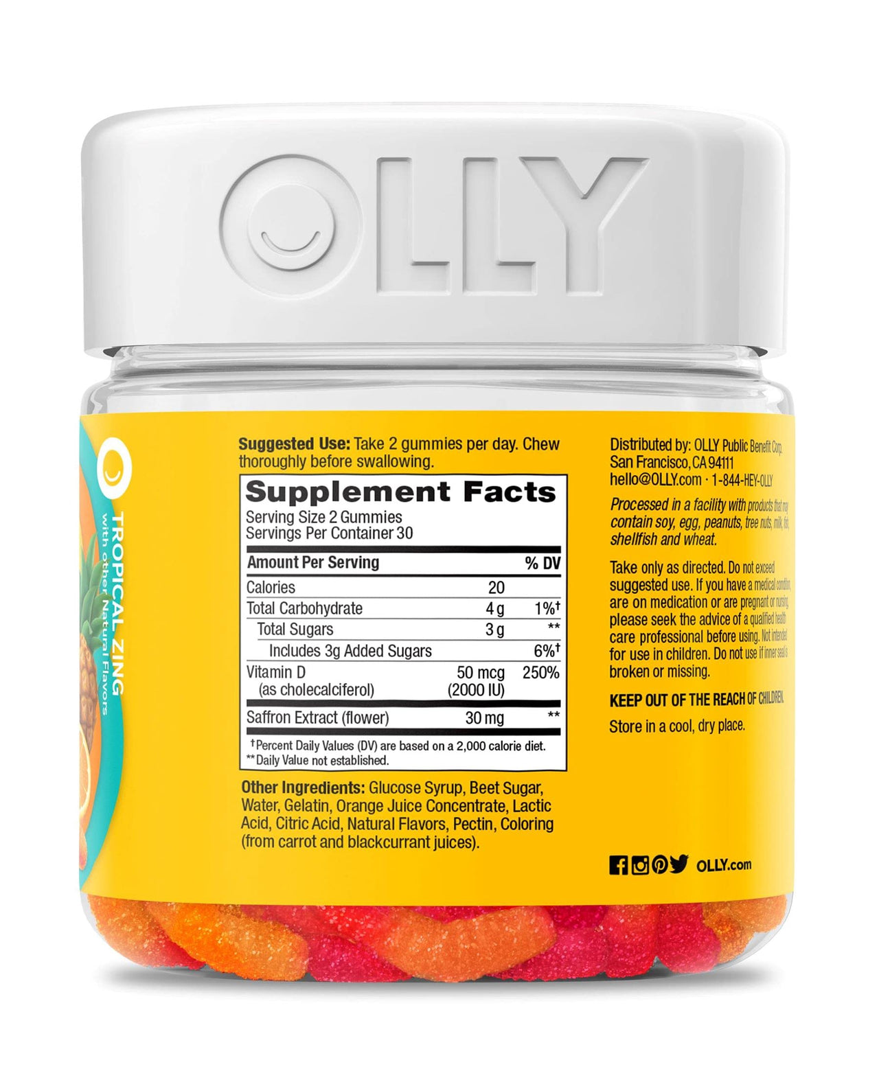 OLLY Hello Happy Gummy Worms, Mood Balance Support, Vitamin D, Saffron, Adult Chewable Supplement, Tropical Zing - 60 Count